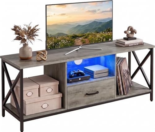 Blisswood 112cm TV Unit with LED RGB Lights, TV Stand Cabinet for 43–50 Inch TVs, Media Console Entertainment Centre with Drawer & Open Storage Shelf, Industrial Metal Frame Living Room Furniture_Grey