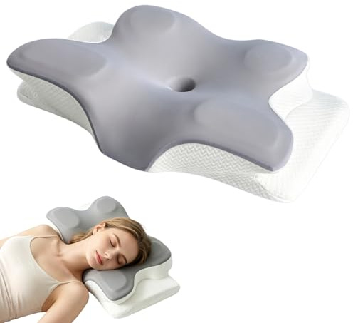 Puokmy Cuscino Cervicale per Dormire in Memory Foam, 2 in 1 Cuscino Ortopedico Cervicale Ergonomico per Dolori al Collo e Alle Spalle,Adatto Per Chi Dorme Su Lati (Grigio)