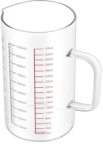 Zerodeko Taza Medidora de Vidrio de Borosilicato Alto 1000 Ml con Asa, Tazas con Escala para Cocina y Repostería, Vaso Medidor Resistente al Calor para Hornear y Preparar Café