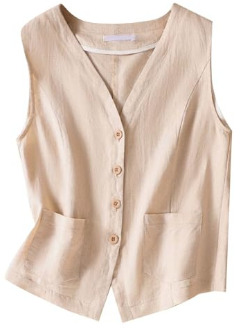 Generisk njurrem dam värmande knäppning ärmlös linne topp lätt business jacka waistcoat väst tröja glitter damer, Beige, M