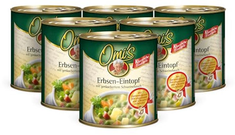 Buss Omi’s klassischer Erbseneintopf - Traditionelle Erbsensuppe mit Kartoffeln, Karotten und geräuchertem Schweinebauch - Schnelle Fertiggerichte zum Aufwärmen in Mikrowelle & Topf - 6 x 800g