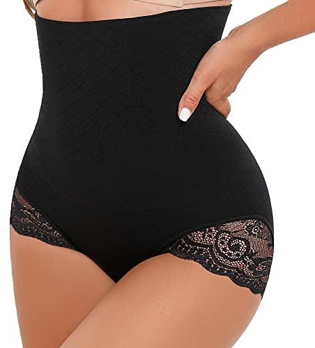 SURE YOU LIKE High Waist Shapewear Tummy Control Body Shaper Corset Slimming Panties Sexy Lace Underwear Black, Tag M/L=Size UK (8-12)