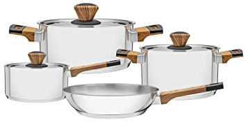TRAMONTINA - Batería de Cocina Brava Baquelite, de Acero Inoxidable y Terminación Brillante, Juego de Cocina, con Cuerpo Triple y Tapas, Asas, Mangas y Pomos con Efecto Madera, 4 Piezas