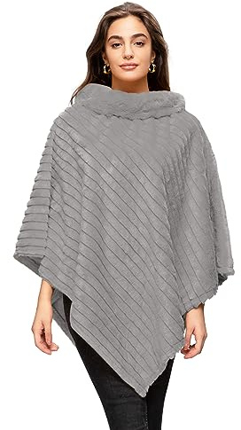 Gloop Poncho élégant pour femme - En fourrure synthétique - Col rond - Veste épaisse et chaude - En fourrure tricotée