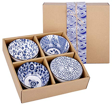 VanEnjoy Set of 4 Japanese Style Ceramic Rice Bowl with Gift Box,Blue and White Pattern Bowls Set,Underglazed Dinnerware, For Dessert Snack Cereal Soup Portion Control Bowl
