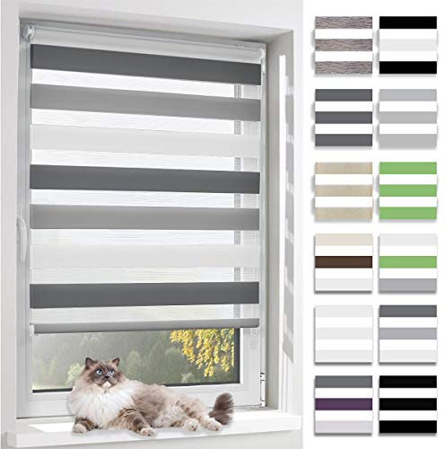 BelleMax Doppelrollo Klemmfix ohne Bohren & mit Bohren, Weiß Grau Anthrazit 65x120cm(BxH), Duo Rollo, Sonnenschutz lichtdurchlässig Blickdicht, Klemmrollo Fensterrollo, Rollos für Fenster und Tür