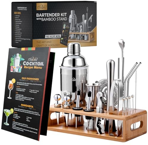 TEAVAS Mixology Bartender Kit with Japanese Jigger & Bamboo Stand - 25 Piece Stainless Steel Cocktail Making Set, Shaker, Strainer, Mixer, Spoon, Muddler, Barware Tools - Birthday Gifts & Anniversary