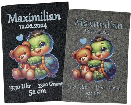 U Heft Hülle und Impfpass aus Filz - Personalisiert mit Namen - Untersuchungsheft Schutzhülle - Babygeschenke zur Geburt - Kinderuntersuchungsheft Mädchen und Junge - Schildkröte Teddybär