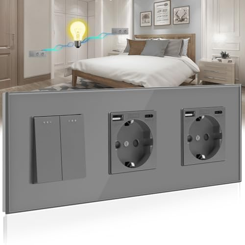 BSEED Lichtschalter Mit Steckdose 2 Fach 2 Wege, Wandschalter Mit 16A Schuko Steckdose, Doppel USB Anschluss (Max. 2.1A) Typ C Port Grau, Physische Unterputz Wechselschalter - 228mm