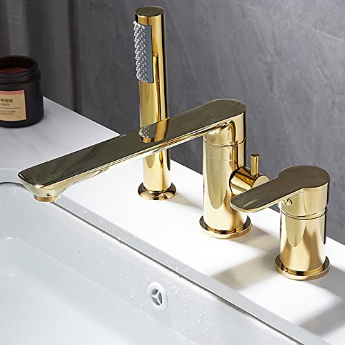 XJTNLB 3 Loch Wannenrandarmatur mit Ausziehbarem Handbrause Wannenrand Badewanne Armatur Set Gold