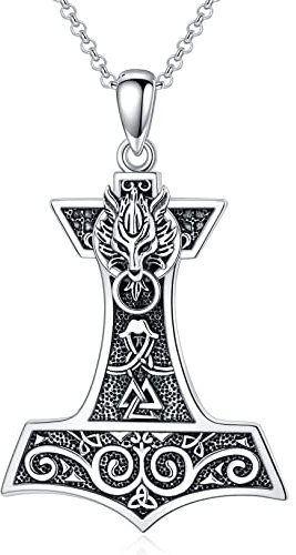 ROMANTICWORK Wikinger Thors Hammer Kette Sterling Silber Thors Hammer Mjölnir Anhänger Halskette Nordische Amulett Runen Schmuck Geschenke für Herren Damen