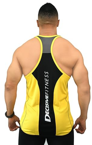 DECISIVE FITNESS Quick Dry Cool Sleeveless Wicking Workout Regular Fit Gym Vest Tank Top Back Stringer for Men (as8, alpha, xx_l, regular, regular, Yellow-Black)