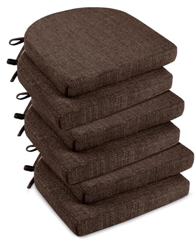 downluxe Indoor Chair Cushions for Dining Chairs, Soft and Comfortable Textured Foam Kitchen Chair Pads with Ties and Non-Slip Backing, 16 x 16 x 2, Brown, 6 Pack