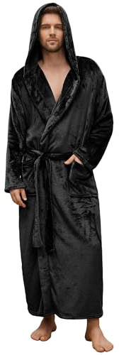 U2SKIIN Herren Fleece Bademantel mit Kapuze, Volle Länge Plüsch Bademantel warm für Männer Robe (Schwarz, L/XL)