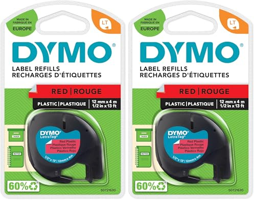 DYMO Original LetraTag Etikettenband | schwarz auf rot | 12 mm x 4 m | selbstklebendes Kunststoffetiketten | für LetraTag-Beschriftungsgerät (Packung mit 2)
