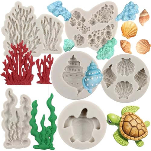 MYPRACS Marine Theme Fondant Moulds Sea Turtle Seashell Conch Seaweed Coral Silicone Moulds for Cake Decorating Cupcake Topper Chocolate Candy Gum Paste Polymer Clay Set of 6