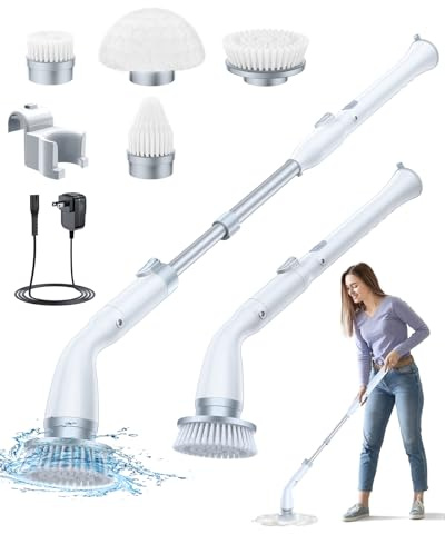 Electric Spin Scrubber 2024 Axyra IPX7 Cordless Cleaning Brush, 380RPM Power Scrubber for Bathroom Shower Bathtub Grout Floor Tile with Long Handle, 4 Replacement Brush Heads and Extension Arm White