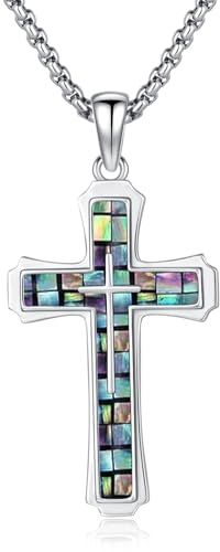 TRISHULA Kreuz Kette Abalone Muschel Kette für Frauen Männer 925 Sterling Silber Mosaik Abalone Muschel Kreuz Anhänger Halskette Christliche Halskette Religiöse Schmuck Geschenke für Amulett Talisman
