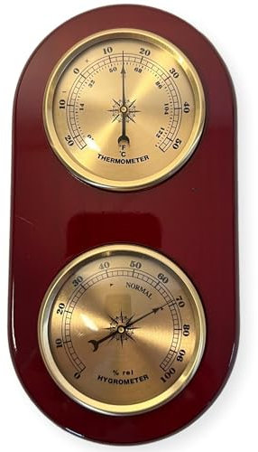 Barometro e termometro in legno | Stazione meteo termometro da parete per interni | 19 cm x 10 cm | Due quadranti – uno per la temperatura e uno per l'umidità