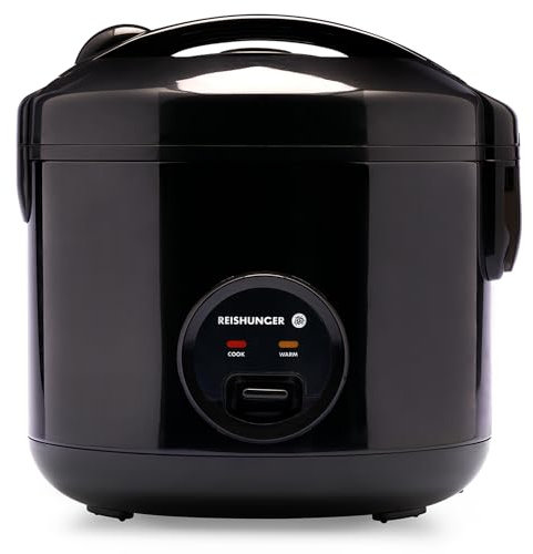 REISHUNGER Cuocere riso e piroscafo con rivestimento in ceramica, nero, 1,8 l, fino a 10 porzioni, preparazione rapida senza bruciare, con funzione di mantenimento in caldo con inserto a vapore,