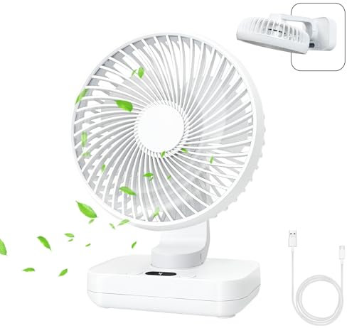 MERTTURM USB Ventilador de Mesa 4000mAh, Ultra Silencioso, 4 Velocidades Ajustables, Dirección Ajustable, Indicador de Batería, para Oficina, Dormitorio, Camping (Blanco)