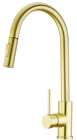 GULICA Brushed Gold Kitchen Tap, Single Handle, 2 Water Mode 360 Degree Swivel Pre-Rinse Pull Out Kitchen Sink Tap, Stainless Steel