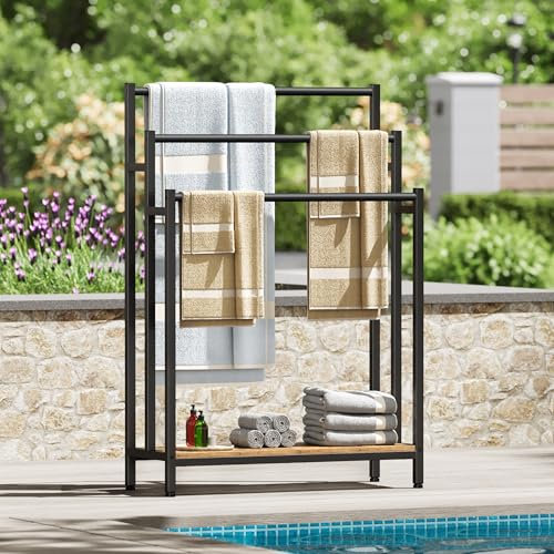 46 Extra Large Freestanding Towel Rack Stand for Bathroom, 3 Tier Blanket Ladder Holder, Outdoor Bath Towel Drying Rack with Shelf, Next to Tub or Shower, Quilt Rack, Rustic Brown and Black