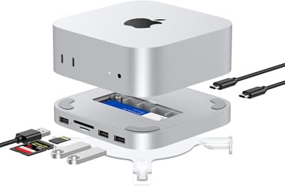 Gewokliy Mac Mini M4 Dock, Aluminum Mac Mini Hub and Stand for M4 and M4 Pro 2024 with M.2 NVMe SSD Enclosure, Dual USB-A 10Gbps, SD/TF Card Readers, USB 2.0 │Accessories