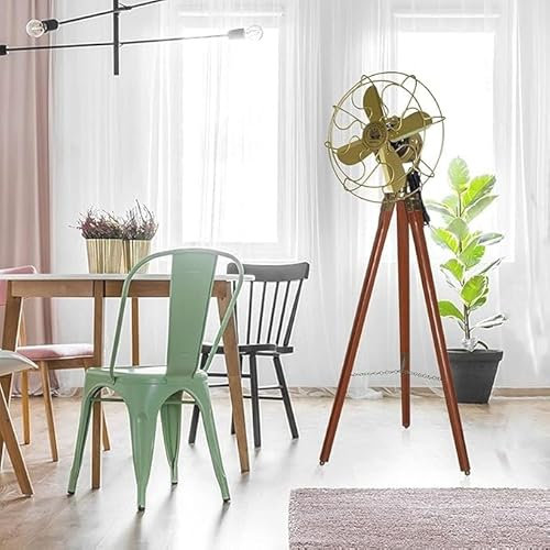 Vintage Style Electric Pedestal Working Fan With Wooden Adjustable Tripod Stand Royal Navy Floor Fan With Brown Wooden Tripod Working Cooling Fan (Pack Of One)