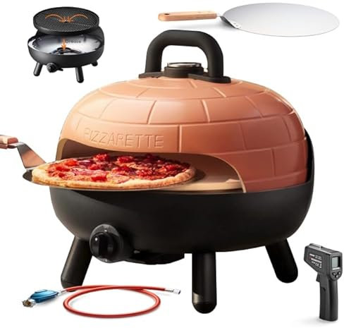 PIZZARETTE XL | Gas Grill | einzigartig | 2 in 1 Grill und Pizzaofen | bis 400 Grad | Druckguss Grillrost | Schamott Pizzastein | handgemachte Terracotta Haube | Kontrollthermometer | Pizzaheber