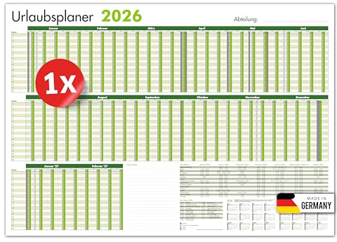 PRIMUS PRINT - Mitarbeiter Urlaubsplaner - Wandkalender 2026 - Monatskalender - A1-594x841mm - bis zu 20 Mitarbeiter - Urlaubskalender - inklusive Feiertagen - diverse Ausführungen [1x Gefalzt, Grün]
