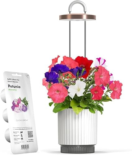Mini Smart Planter Kit with Petunia Plant Pods by Click&Grow, Hydrovase Indoor Garden, Self-Watering Pot with Grow Light (White)