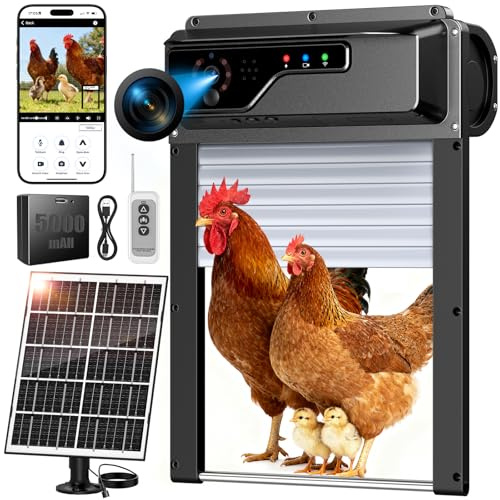 Smart Automatic Coop Door with Camera, WiFi App Control & Timer, Solar Chicken Door Opener, 1080P Night Vision, Anti-Pinch Safety, Real-Time Alerts, Roll-Up Chicken Coop Automatic Door Fits All Coops