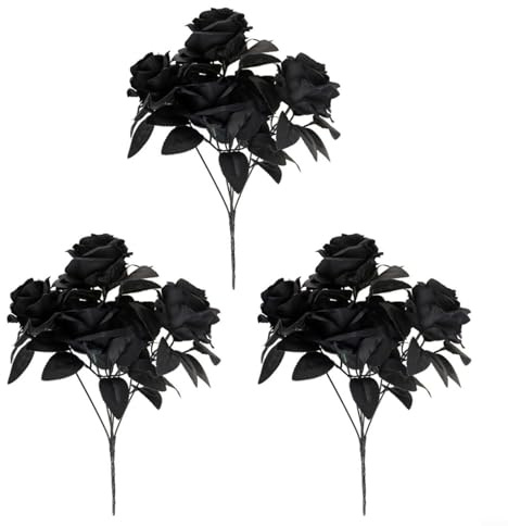 Schwarzer Rosenstrauß für Halloween, 34 cm, lebensechte künstliche Blumen für gruselige Party, Spukhaus und saisonale Heimdekorationen