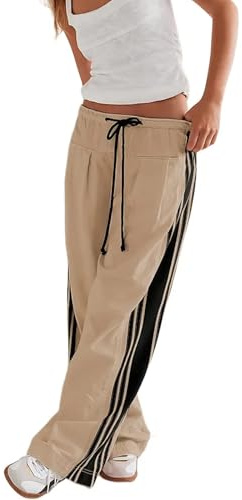 EAKUCH Track Pants Women Wide Leg Striped Palazzo Pants High Waisted Drawstring Side Stripe Lounge Pants with Pockets Khaki