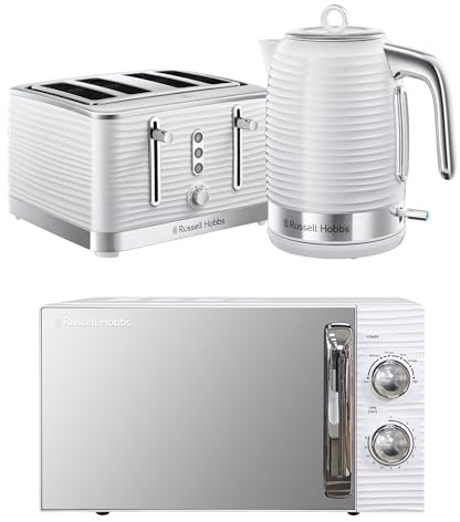 Russell Hobbs Inspire White Kitchen Set, 1.7L 2400W Kettle, 4 Slice Toaster with Variable Browning Levels & 17L 700W Microwave with 5 Power Levels, Defrost & Reheat Functions INSPBNDL4W