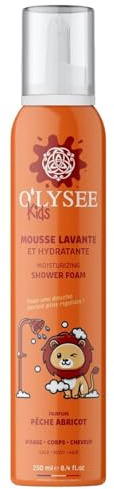 O’LYSÉE Kids –Mousse Lavante Hydratante Visage • Corps • Cheveux – Parfum Pêche-Abricot, Pomme Poire, Fraise Framboise – 250 ml – Fabriqué en France, Formule enrichie & sensorielle (Pêche)