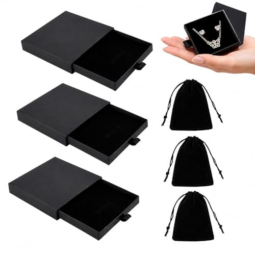 Caja de Regalo de Joyería de Papel, 3 Pcs, 6 * 6 * 1.7 cm, Ideal para Collar, Pendientes, Anillo y Almacenamiento de Joyería, Perfecta para Regalos y Manualidades (Negro)