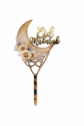 Eid Mubarak Acrylic Cake Topper - Gold Crescent Moon Floral Design - Eid Party Cake Decoration - Elegant Islamic Dessert Decor