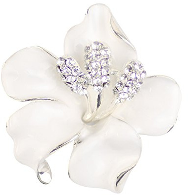 Merdia White Floral Brooch Pin for Women, Classy Flower Brooch with Created Crystal, 29.8g