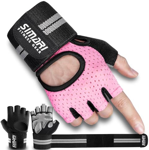 SIMARI Breathable Workout Gloves for Women Men, Padded Weight Lifting Gloves with Wrist Wraps Support, Full Palm Protection, Grip for Gym Training, Fitness, Weightlifting, Exercise Fingerless Pink