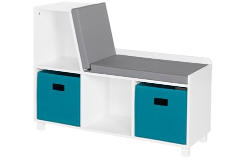 RiverRidge Kids Reading Nook and White Cubby Storage Bench with Comfy Cushioned Seat and Cubbies Toy Organizer, White With Turquoise Bins