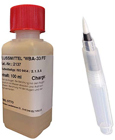 100 ml No-Clean Elektronik-Flussmittel WBA-33/FS, wasserbasierend mit 3,3% Feststoff incl. EO-Compact-Flux-Pen (3ml, unbefüllt), enthält keine Gefahrstoffe und daher kennzeichungsfrei