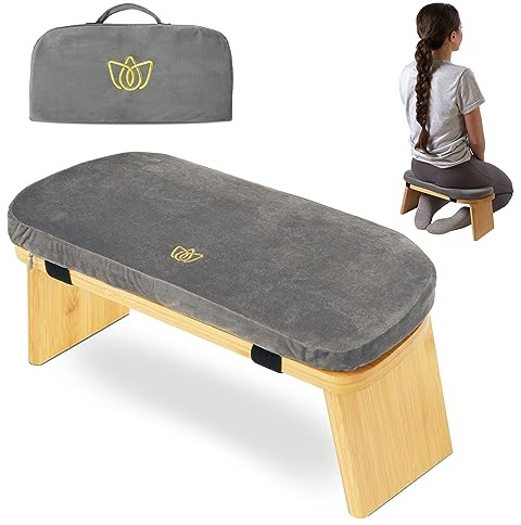 Florensi Folding Bamboo Kneeling Meditation Chair - 18 x 7 x 6 in, Grey, Portable Kneel-On Bench, Foldable Bench for Prayers, Stable Meditation Support & Anti-Slip Feet