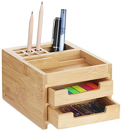 Navaris Bambus Schreibtisch Organizer klein - mit Stiftehalter und Schubladen - Aufbewahrung Stifte Schere Papier - Schreibtischorganizer fürs Büro