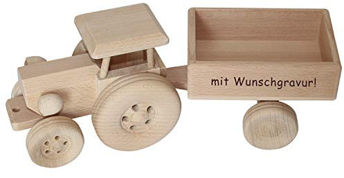 Geschenkissimo Traktor mit Anhänger - personalisiert mit Name - Spielzeug Trecker aus Holz mit Gravur für Kinder - Holzspielzeug, Deko, Geburtstagsgeschenk, Kindergeschenk