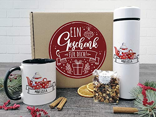 GRAZDesign Geschenkset Frauen Tee, Thermo- Teeflasche mit Siebeinsatz, Tasse mit Bratapfeltee, personalisiertes Geschenk mit Namen, Keramik mit Edelstahl