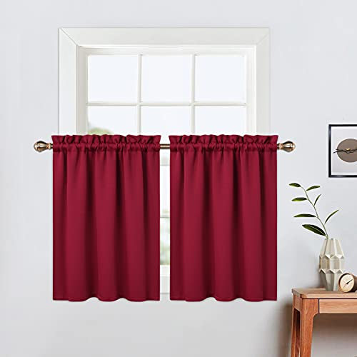LinTimes Short Christmas Curtains for Bathroom Set 2 Panels Rod Pocket Cafe Tier Curtains Light Blocking Blackout Room Darkening Camper Curtains for Small Windows Kitchen 26x36 Inch Length Red Wine