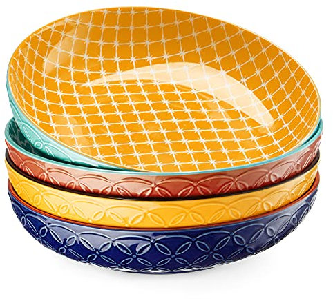 DOWAN Set de 4 Cuenco de Pasta, Ø 21.5cm Ensaladera Grande de Cerámica, Platos Hondos para Pasta, Ensalada, Paella, Fruta, Sopas, Puchero, Apto para Micriooda y lavavajillas, Color Vibrante