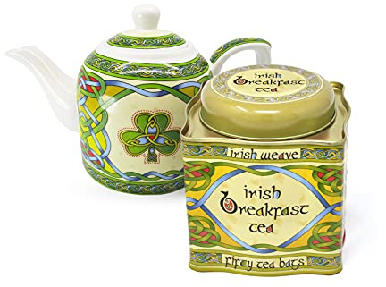 Royal Tara Set of Irish Shamrock Cup 1 Shamrock Porcelain Teapot Tea Bag Holder - Irish Tea Pot Celtic Knot Tea Kettle with Removable Lid (Teapot and Tea)